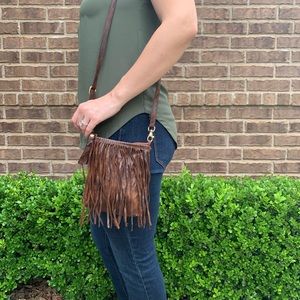 Vintage Brown Leather Fringe Crossbody Bag
